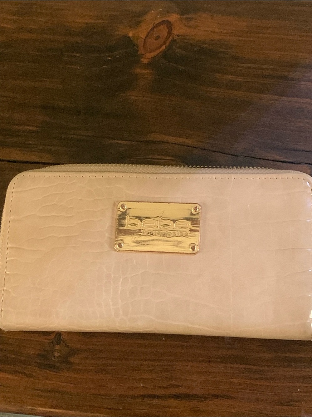 Bebe Cream Croc-Embossed Zip Around Wallet with Gold Plaque